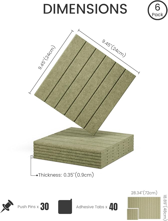 Fluxynara Felt Bulletin Board Tiles -28"x18" with 40 Adhesive Tabs, Cork Board Alternative for Office Decor, Push Pin Board Wall Organizer 6-Pack (Olive Green)