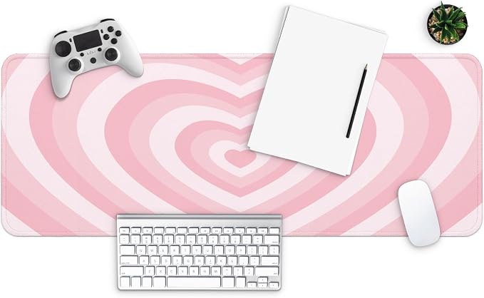 MAY FLOWER Large Gaming Mouse Pad, Full Keyboard Mat, Long Laptop Mousepad, Computer Mouse Mat for Home and Office, Anti-Slip Rubber Base, 31.5 x 11.8 Inches (Pink Loving Heart)