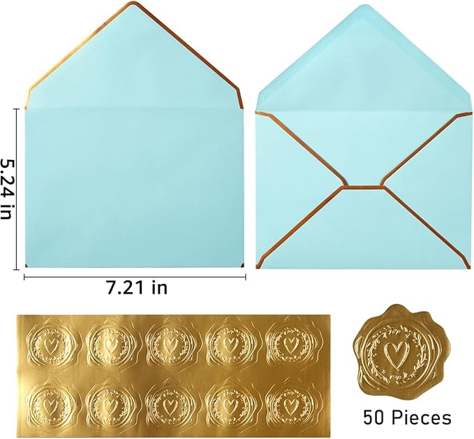50 Pieces A7 Envelopes with Gold Border, 5.24 x 7.21 Inches Envelopes with Gold Stickers for Greeting Cards and Invitation (Light Blue, A7-5x7)