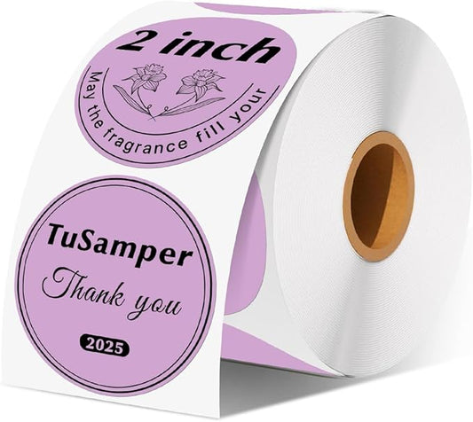 2 Inch (50.8mm x 50.8mm) Round Thermal Sticker Labels, Self-Adhesive Circle Direct Thermal Label, Multi-Purpose Roll Sticker for DIY Logo Design, QR Code, Name Tag, Roll of 500 Labels, Purple