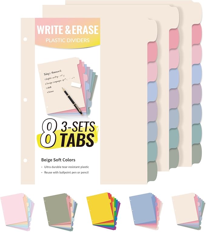 Sooez 8 Tabs Plastic Write & Erase Binder Dividers with Tabs, 3 Sets | Long-Lasting Dividers for 3 Ring Binder, Cute Pastels Binder Dividers Organizers for Student, Teacher, Office, Beige Color