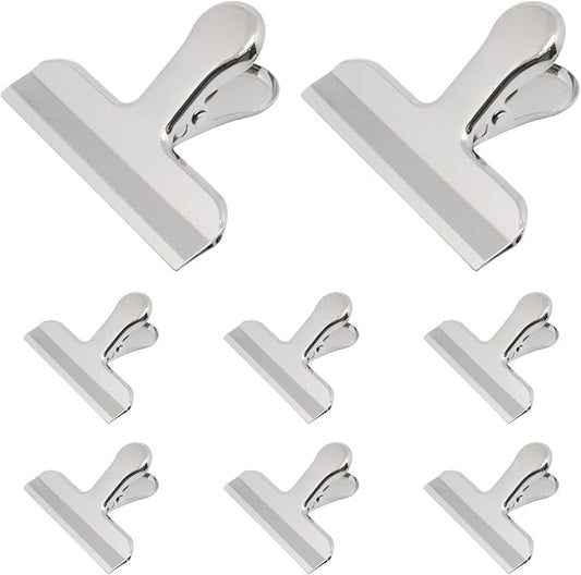 8Pcs Silver Chip Clips 3 Inch Wide Stainless Steel Notebook T Clip Heavy-Duty Food Bag Clips Metal Hinge Clip File Clamps for Home Kitchen & Office