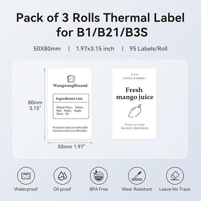 NIIMBOT 3 Rolls Set Label Tape for B1/B21/B3S Label Printer, 1.97" x 3.15" (50x80mm) Waterproof Thermal Label Tape for Product Info/Address/Barcode/Price (White)
