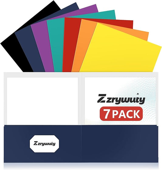 Zzrywuty 7 Packs Two Pocket Folders,Assorted Colors Two Pocket File Folders with Business Card Slot,Letter Size,Holds 100 Plus Sheets for School,Office,Business