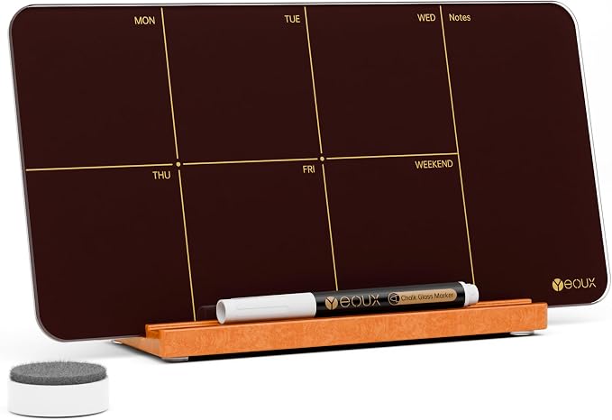 Desk Weekly Glass Dry Erase Board with Detachable Wood Stand, Burgundy Red, Small Desktop Calendar to Do List Planner Whiteboard 12x6 for Office, Home, Schools, Marker&Eraser Included, Yeoux