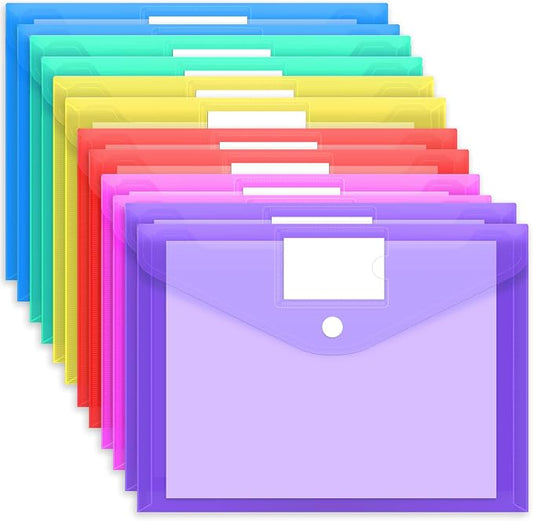 EOOUT 12pcs Plastic Envelopes Poly Envelopes, Hook & Loop Closure File Folders, A4 Size File Envelopes with Label Pocket for School and Office Supplies