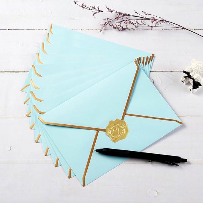 50 Pieces A7 Envelopes with Gold Border, 5.24 x 7.21 Inches Envelopes with Gold Stickers for Greeting Cards and Invitation (Light Blue, A7-5x7)