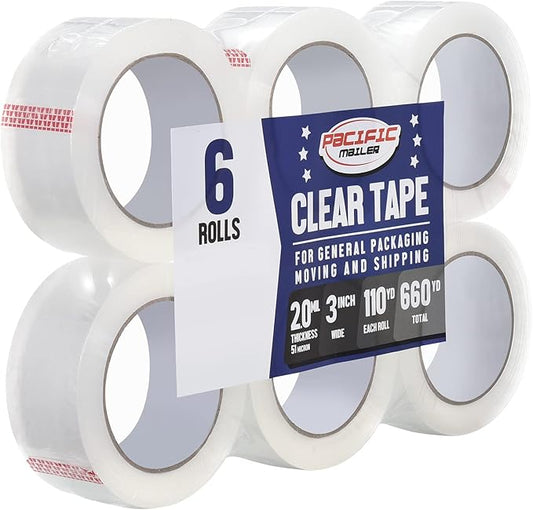 Pacific Mailer Clear Packing Tape, Packaging Tape for Shipping Packaging Moving Sealing, 3 Inch Wide, 2.0mil Thickness, 110 Yard Per Roll [Pack of 6 Rolls]