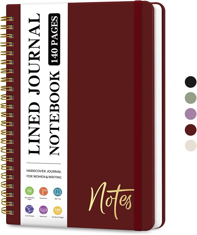 Lined Spiral Journal Notebook for Women, A5 College Ruled Journals for Writing, Hardcover Notebooks for Work, Note taking and Office School Supplies,140 Pages - Burgundy