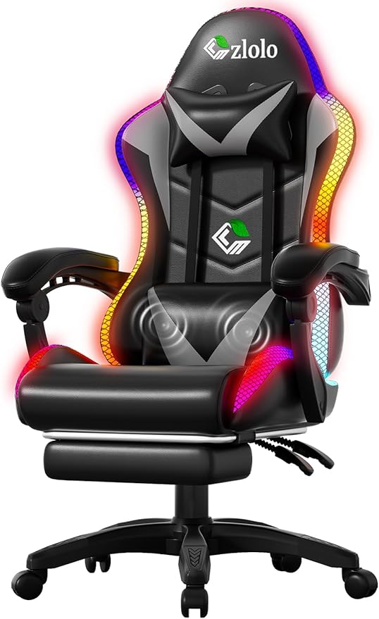 Gaming Chair, RGB LED Lights Computer Chair with Footrest, Lumbar Support Massager Gamer Chair, High Back, 90-135° Reclining, Linkage Armrests, Gray