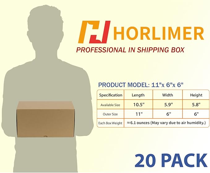 HORLIMER 11x6x6 inches Shipping Boxes Set of 20, Brown Corrugated Cardboard Box Literature Mailer