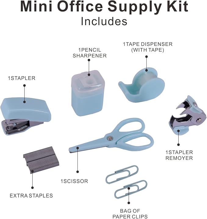Mini Office Supply Kits Small Stapler for Student Office (Blue) | Includes Mini Stapler,Scissors, Staple Remover, Staples, Tape Dispenser for Gift (Blue)