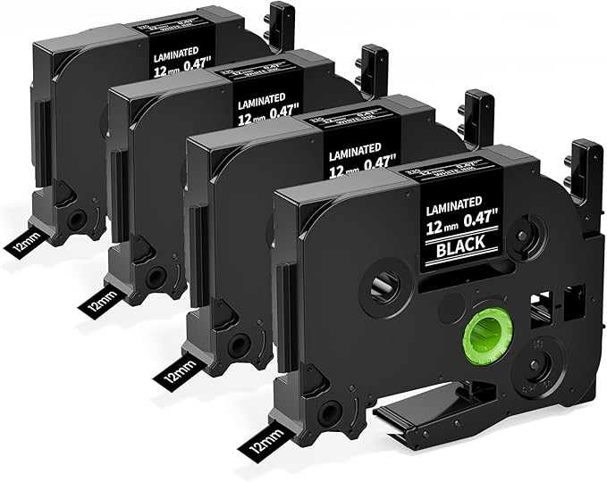Label Maker Tape Black Replacement for Brother TZe-335 TZe335 Laminated P Touch Label Maker Tape White on Black TZe TZ 12mm 0.47 Laminated for Brother PT-D210 PT-D220 PT-H110 PT-D400 PT-D600, 4-Pack
