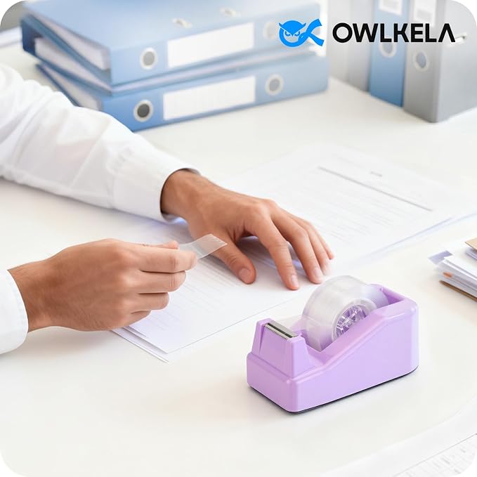 OWLKELA 1 Pcs Lightweight Desktop Tape Dispenser, Purple | Non-Skid Base, with 8Pcs Transparent Tape,Ideal for Office, Home, School