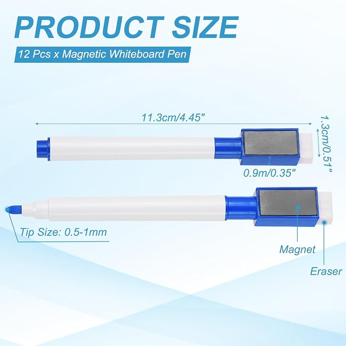 PATIKIL Magnetic Whiteboard Pen, Fine Tip Dry Erase Deep Blue White Board Markers with Eraser Whiteboard Calendar Supplies for Classroom Office, 12 Pcs, 0.5-1mm Tip