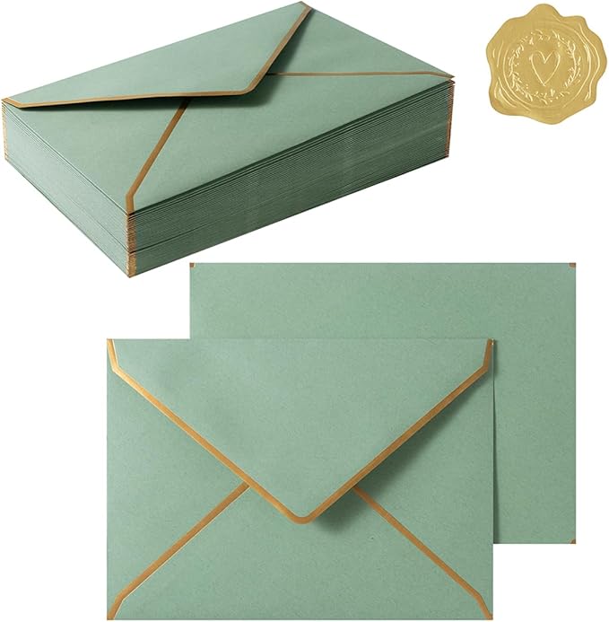 50 Pieces A4 Envelopes with Gold Border, 4.25 x 6.25 Inches Envelopes with Gold Stickers for Greeting Cards and Invitation (Sage Green, A4-4x6)