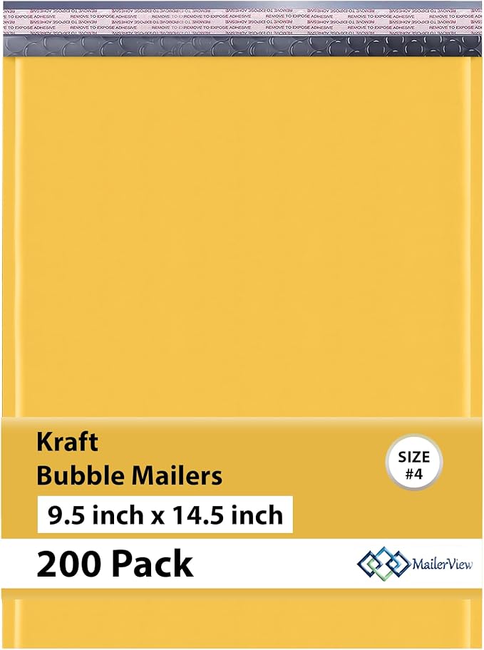 Kraft Bubble Mailers 9.5x14.5, Self Seal Padded Envelopes #4, 200 Pack | Fits Books & Magazines,No Tape Needed,Cushioned Protection,Tear-Resistant Yellow Kraft,Bulk Pack for Small Business