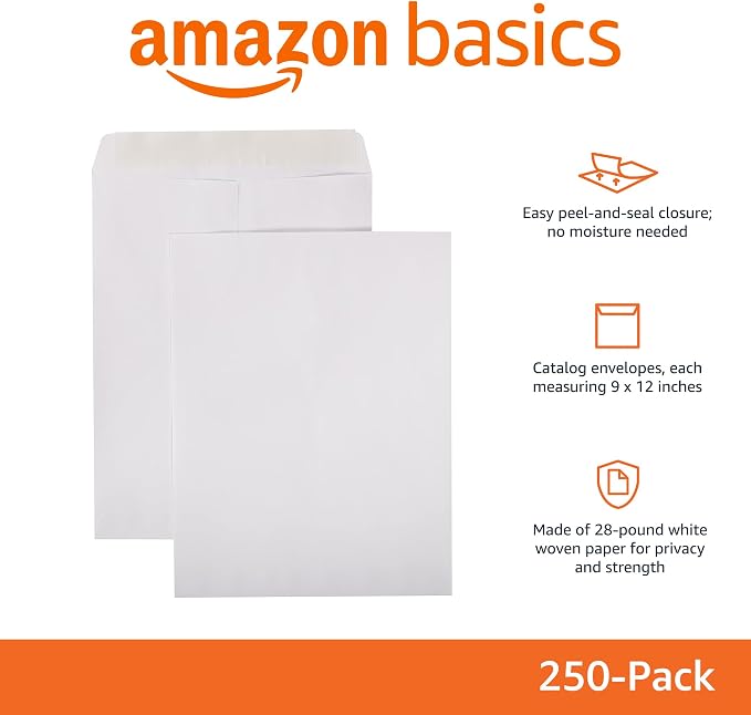 Amazon Basics Catalog Mailing Envelopes, Peel and Seal, 9x12 Inch, White, 250-Pack