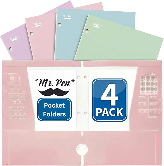 Mr. Pen- Pocket Folders, 4 Pocket, 4 Pack, Pastel Colors, Folders with Pockets 3 Hole Punched, Folder, Binder Folder