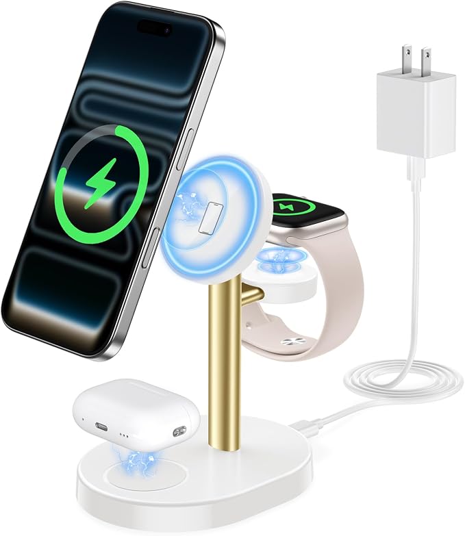 2026 3 in 1 Wireless Charging Station for Apple MagSafe Charger, 15W Fast Magnetic Mag-Safe Charger Stand for iPhone 17 16 15 14 13 12 Apple Watch AirPods Series, Gold&White