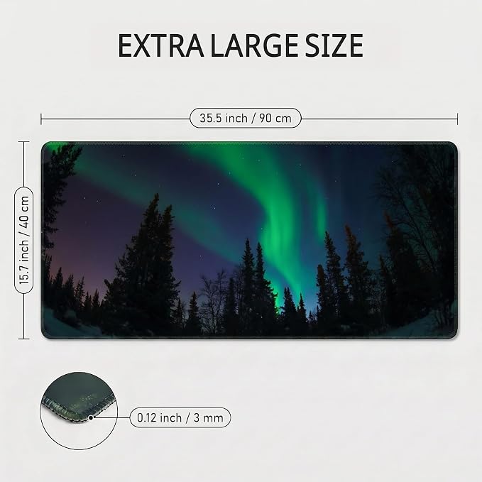 Auhoahsil Northern Lights Aurora Desk Mat, Ultra Large Full Desk Gaming Mouse Pad, Dark Night Forest Landscape Extended Keyboard Pad, Nature Aesthetic Desk Pad for Home Office Gaming, 35.4"x 15.7"