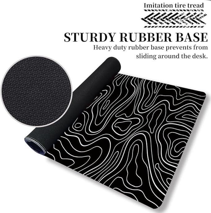 Black Topographic Large Gaming Mouse Pad Extended XXL(900 * 400 * 3MM) Mouse Mat Long Desk Pad with Stitched Edges for Keyboard Home Office Gaming Work Big Desk Mat