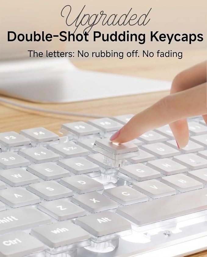 EWEADN GX710S Backlit Computer Keyboards, Wired USB Keyboard with White Backlit, Metal Panel, Plug and Play, Pudding Keycaps Full Size Quite Computer Keyboard for Win/PC/Laptop-White