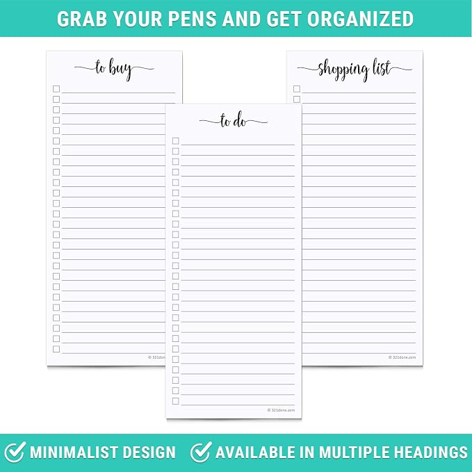 321Done To Do List Notepad, Skinny 3.7x8.5 Inches, 2-Pack, 50 Sheets Each | Made in USA - Slim College Ruled Checklist Pads for Tasks, Errands and Groceries, Thick Bright White Paper, Tear-Off Sheets