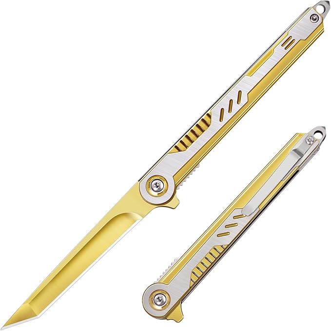 Cool Pocket Knife Gifts for Men, EDC Tanto Blade Folding Knives with Clip, Flipper Open Survival Knife with Window Breaker and Liner Lock for Outdoor Camping (Gold)