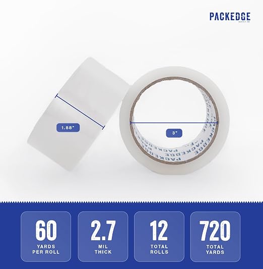 Packedge Clear Packing Tape, 12 Rolls, 1.88 in x 60 Yd Heavy Duty Shipping | 2.7 Mil Thick, 720 Total Yards. Ideal for Moving, Box Sealing & Storage. Strong Adhesion, No Residue, Tear-Resistant Design