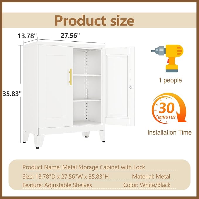 Metal Storage Cabinet, 2-Door Short Locker Cabinets Adjustable Shelf | Magnetic door surface for notes, Freestanding small storage cabinet with doors and shelves, multi-use storage
