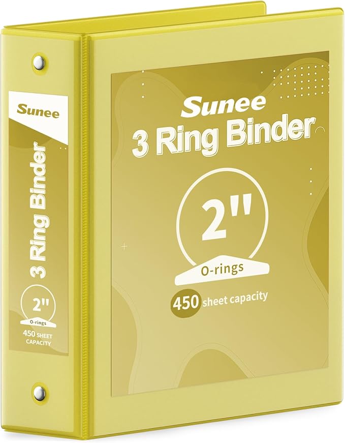 SUNEE 3 Ring Binder 2 Inch 1 Pack, Clear View Binder Three Ring PVC-Free (Fit 8.5x11 Inches) for School or Office Supplies, Yellow