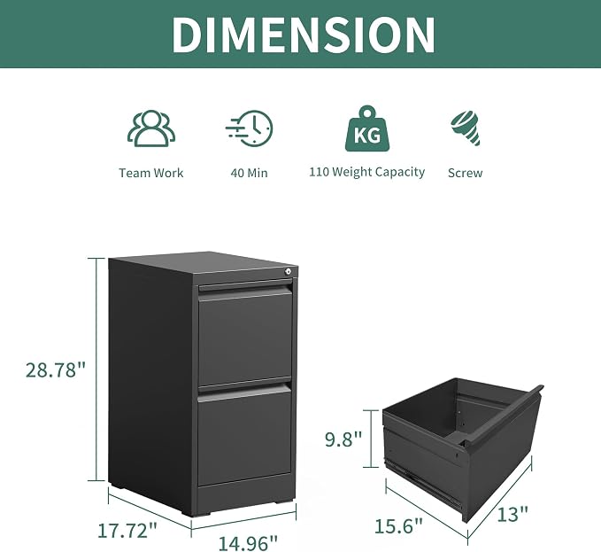 2 Drawer File Cabinet with Lock,Metal File Cabinet for Home Office | Black Vertical Filing Cabinets Heavy Duty Office Storage Cabinets for Letter/Legal/A4/F4 Size File, Assembly Required
