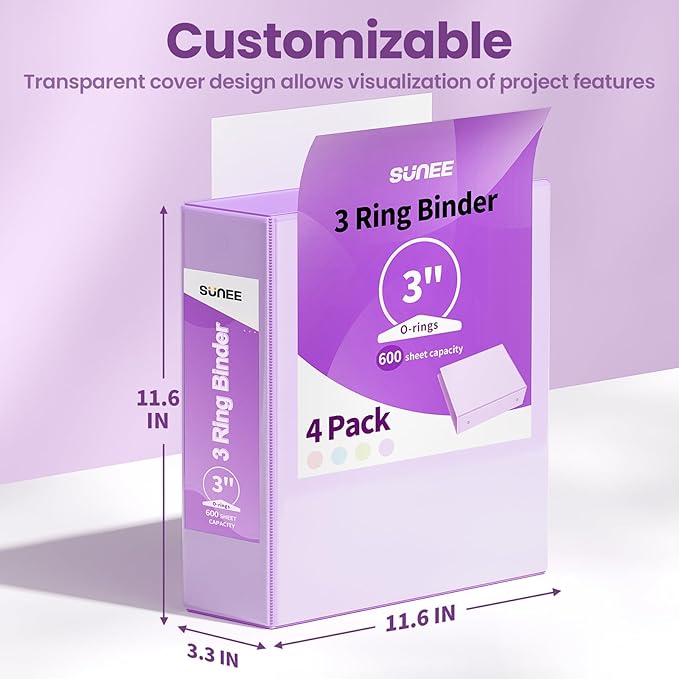 SUNEE 3 Ring Binder 3 Inch 4 Pack, 3" Clear View Binder Three Ring PVC-Free (Fit 8.5x11 Inches) for School or Office Supplies, Purple