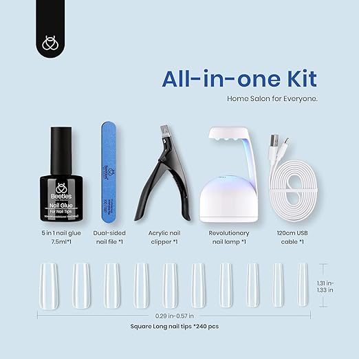 Beetles Gel Nail Kit Easy Extension Set, 240 PCS Long Square Gel Nail Tips Full Cover With 5 In 1 Nail Glue Base Gel and Innovative Uv Led Lamp Easy DIY Gift for Women