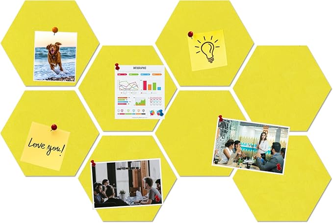 Large Hexagon Felt Cork Board Tiles, Self Adhesive DIY Felt Bulletin Board Pin Board with 35 Pushpins for Office School Home Wall Decor Stickers Memos Photos Display(Yellow)