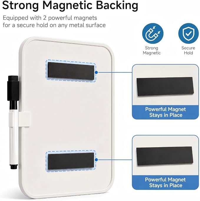 2 Pack Magnetic Dry Erase Board 6" x 8", Mini Whiteboard with Marker, Magnets & Pen Holder, Small Magnetic Whiteboard for Fridge, Locker, Office Desk, Kitchen, School & Home Organization(White)