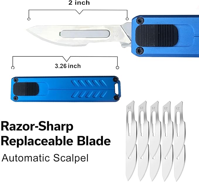 Automatic Utility Knife, Safety Black Box Cutter Retractable, EDC Push Button Knife, Exacto Scalpel Knife, 10PCS #23 Razor Blades Pocket Knife with Clip (Blue)