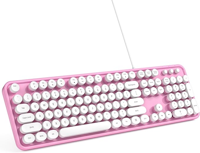 Computer Keyboard Wired, Plug and Play USB Retro Round Typewriter Keyboard, Full Size Wired Keyboard with Foldable Stands for Laptop and Office PC