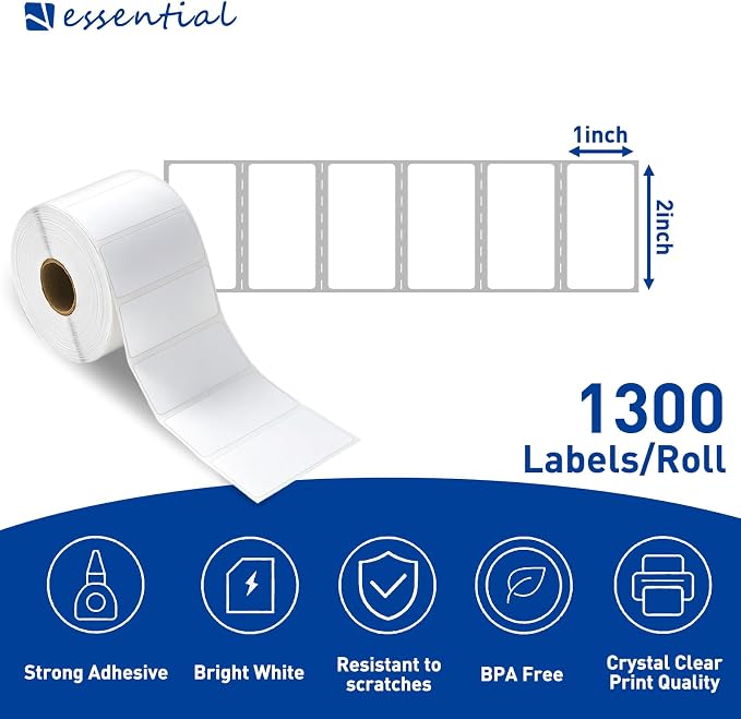 ESSENTIAL 2" x 1" Direct Thermal Printer Labels for Barcodes, Address | Permanent Adhesive, Compatible with Zebra, Rollo and Other Desktop Printers, 1300 Labels of Roll, 12 Rolls (15600 Labels)