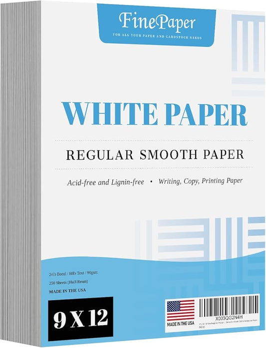 9" x 12" White Regular Paper – Multipurpose Office Paper for Copy, Printing and Writing | Inkjet and Laser Printer Compatible | 24lb Bond / 60lb Text / 90gsm – Smooth Finish | 250 Sheets per Pack