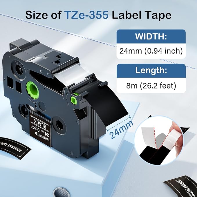 Black Label Tape 24mm TZe-355 Replace for Brother P Touch 1 Inch | Compatible with TZe TZ Tape 24mm 0.94 Laminated White on Black Work for Brother Ptouch PTD600 PTP710BT PTP700 P750W, 5-Pack