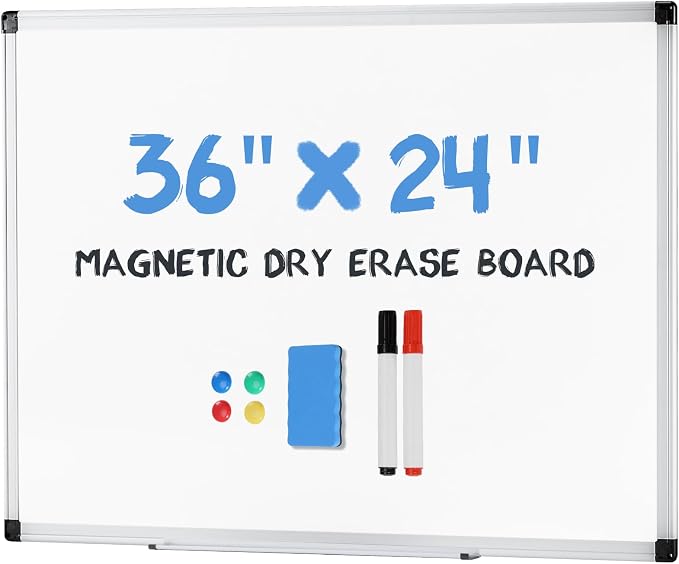OLIXIS Magnetic White Board, Dry Erase Board for Wall 36" x 24", Whiteboard with 1 Dry Eraser & 2 Multicolor Markers & 4 Magnetic Pins, Aluminium Frame for Home, School, Office, White