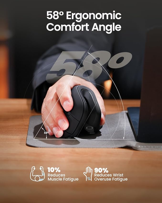 ProtoArc EM11 NL Wireless Ergonomic Vertical Mouse, Rechargeable, Black | 58° vertical design supports a natural wrist posture, connect 3 devices via Bluetooth/2.4G USB-A, 500mAh USB-C rechargeable.