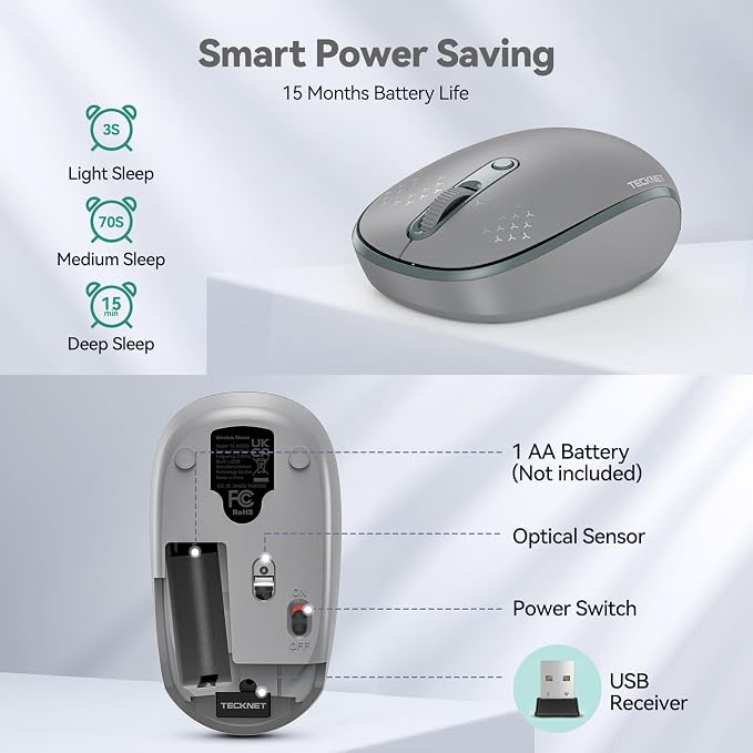 TECKNET Compact Ambidextrous Wireless Mouse for Laptop Grey | 2.4G Quiet Computer Mouse with USB Receiver, 3 Adjustable DPI Portable Cordless Mice for Chromebook, Laptop, PC, Mac