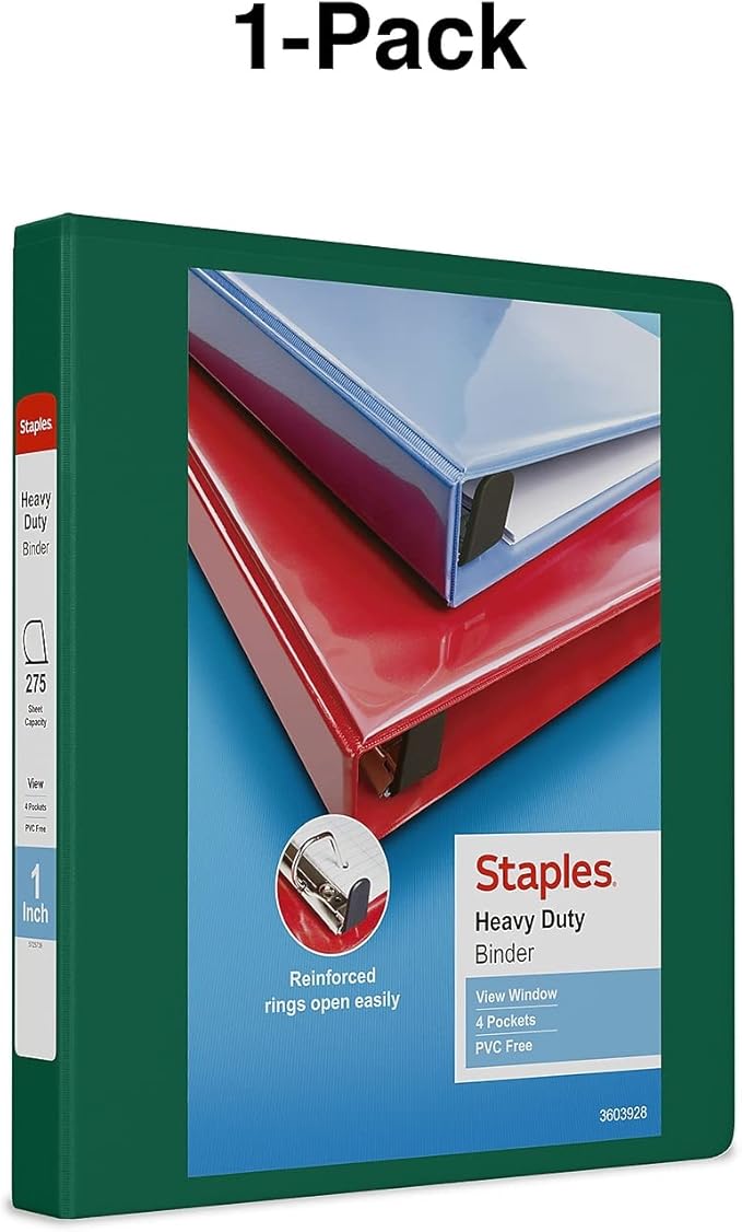 Staples Heavy-Duty 1-Inch D-Ring View Binder, Reinforced Spine, Holds Up to 275 Sheets, Green, for Office & School