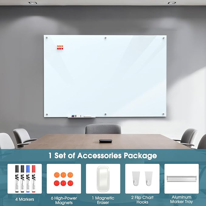 MaxGear 60" x 40" Glass Whiteboard Wall Mounted for Office Home Classroom | Magnetic Glass Dry Erase Board, Tempered Glass, Steel Backed, Non-Porous Surface, Frameless Design, Hardware Included