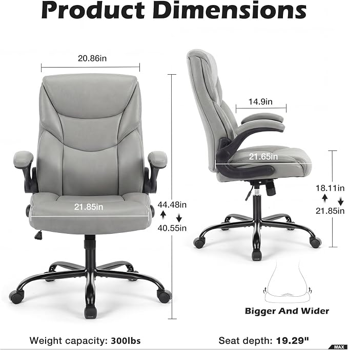 DUMOS Office Chair, Leather Ergonomic Chair Lumbar Support, Grey | Ergonomic Executive Computer Desk, Flip-up Armrest Swivel Task, Strong Metal Base, Modern Comfy