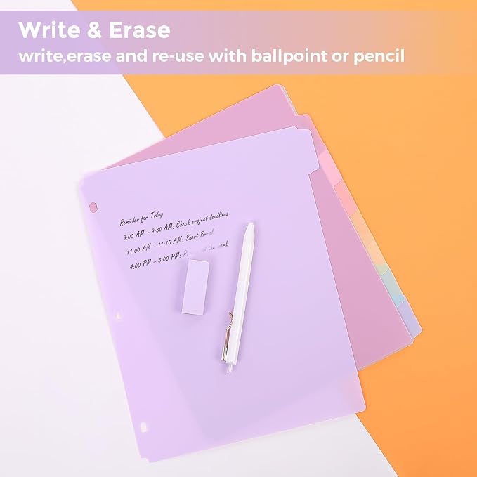 8 Tab Write & Erase Durable Plastic Dividers for 3 Ring Binders, 2 Sets | Binder Dividers for Letter Size,Divider Organizers for Student, Teacher, College & Office,Aesthetic Pastels School Supplies