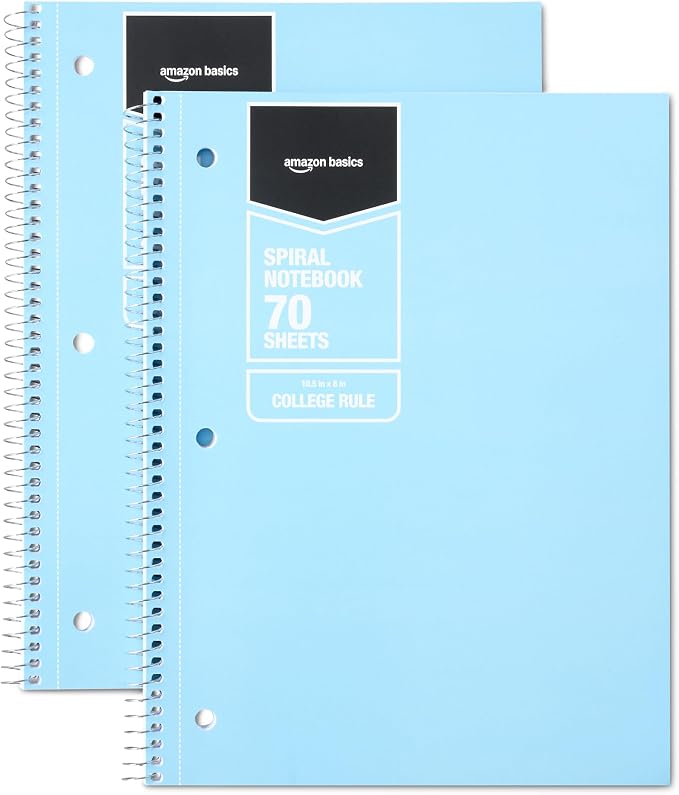 Amazon Basics College-Ruled Spiral Notebook, For Work and School, 70 Sheets, 8" x 10.5", Light Blue, 2-Pack